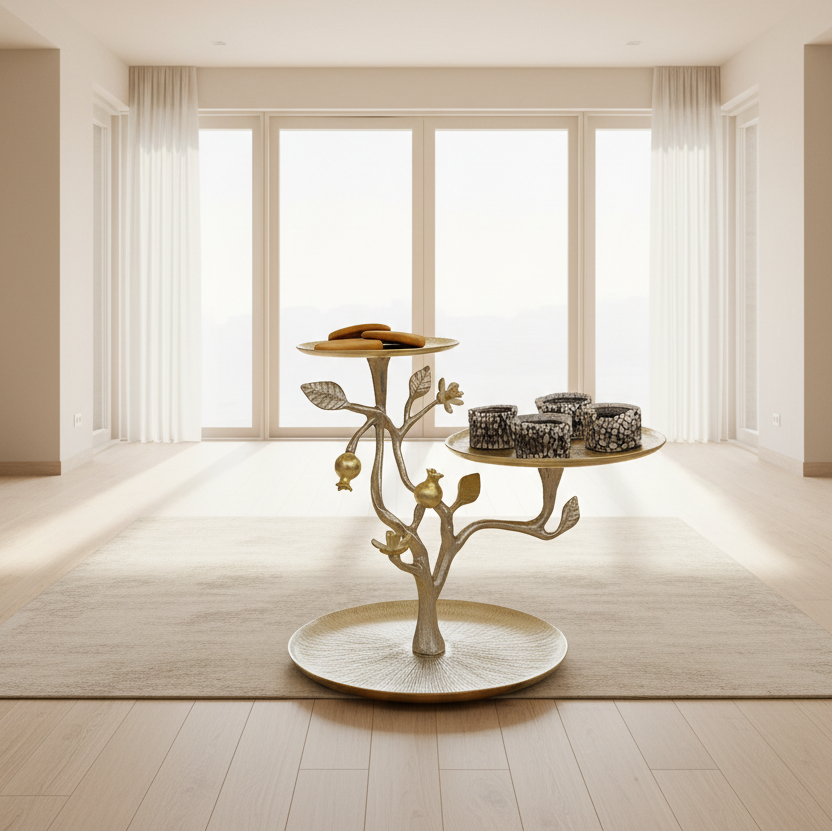 Decorative three-tiered stand with gold and silver design holding cookies and brownies on a patterned platter.